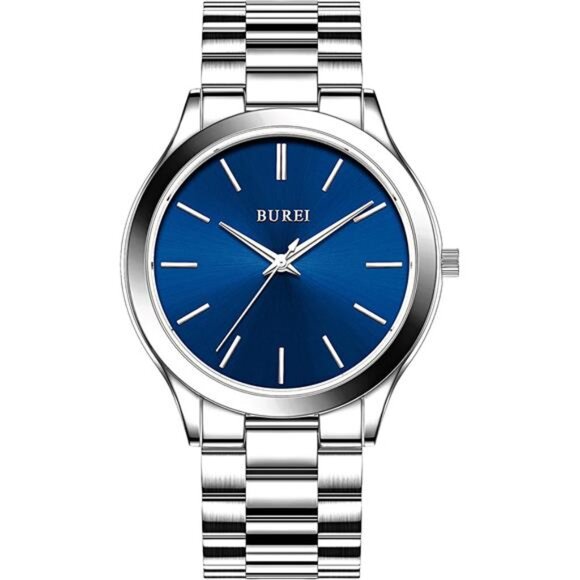 Men Watches Business Analog Stainless Steel Quartz Waterproof Silver Blue